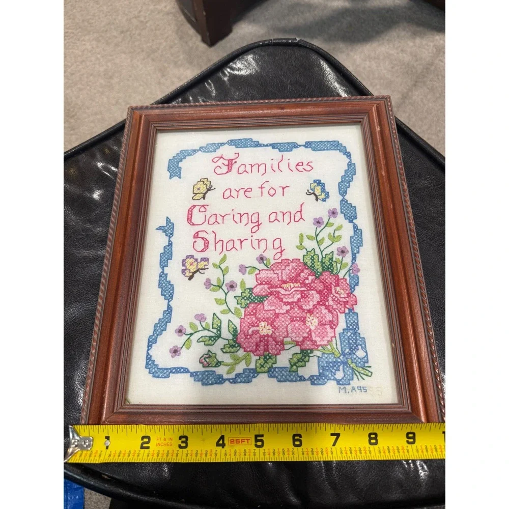 Framed Cross Stitch Family Quote Art Families are for Caring Sharing Butterflies